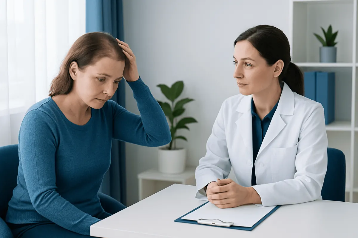Woman consulting with a doctor about hair loss treatment options.