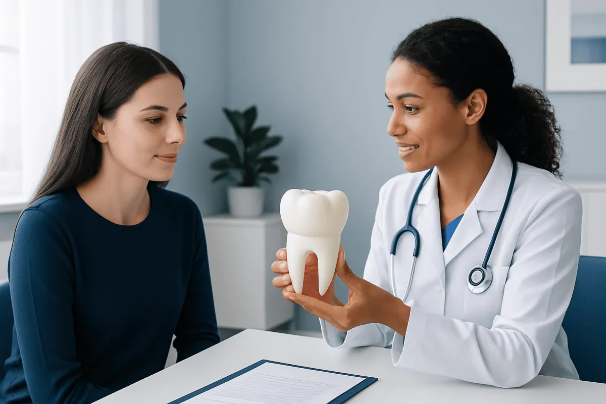 Dentist explaining dental crown options to patient with model of tooth.